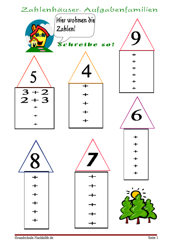 Arbeitsblatt zu den Aufgabenfamilien in Zahlenhäusern Mathe Klasse 1